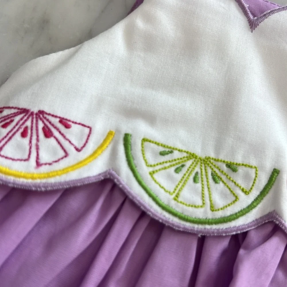New Baby Girls Sophie & Lucas Purple Fruit Embroidered Dress and Bloomer Set - Picture 3 of 5